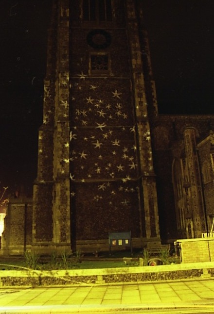 Art installation. Projection of starfish onto Cromer Parish Church by Liz McGowan and Margie Britz