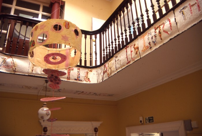 Detail of poetry installation: “A plastic bag flies through the air”