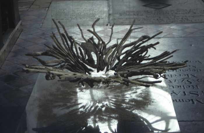 Reliquary.  Driftwood, paper string and perspex