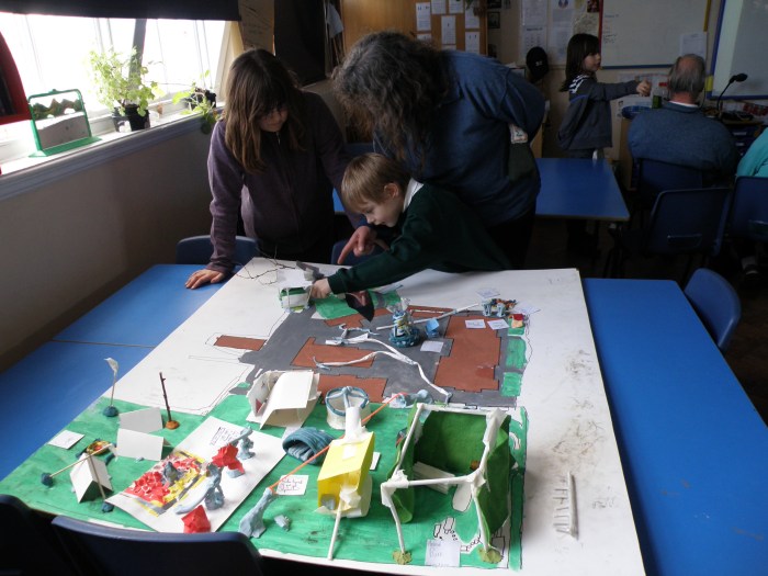 Children showing parents their plans for the school grounds